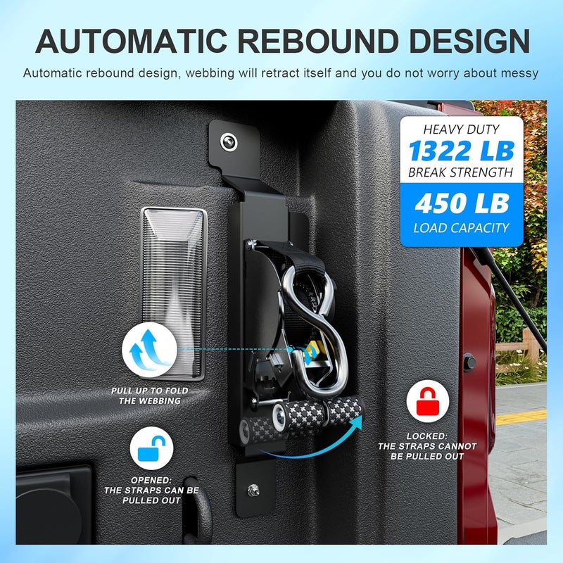 SZYANG 2PCS Retractable Ratchet Straps Compatible with 2020-2025 Jeep Gladiator JT Retractable Tie Down Straps Replacement for 2020-2025 Jeep Gladiator Accessories - Image 2